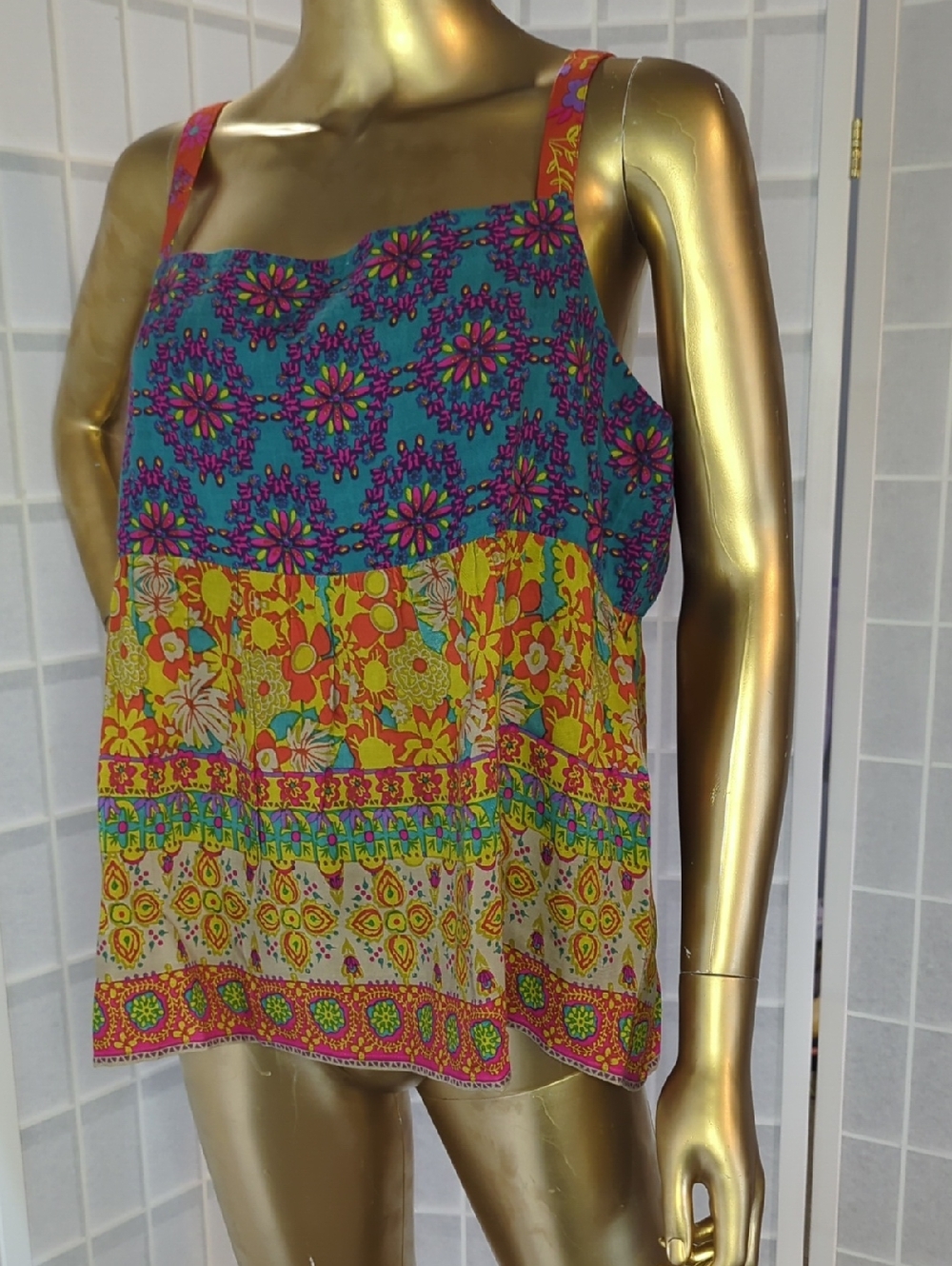 Bohemian Floral Tricia Tank Top - Teal, Yellow & Pink